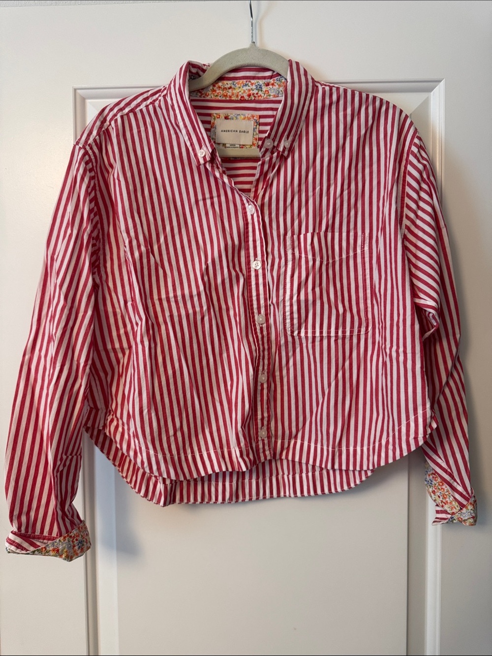 Women’s Cropped Red Striped Button Down